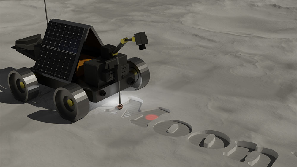 Robotic armature presses pointed cone shaped device into lunar surface