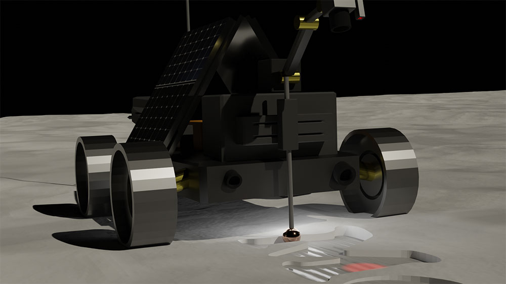 Robotic armature presses pointed cone shaped device into lunar surface